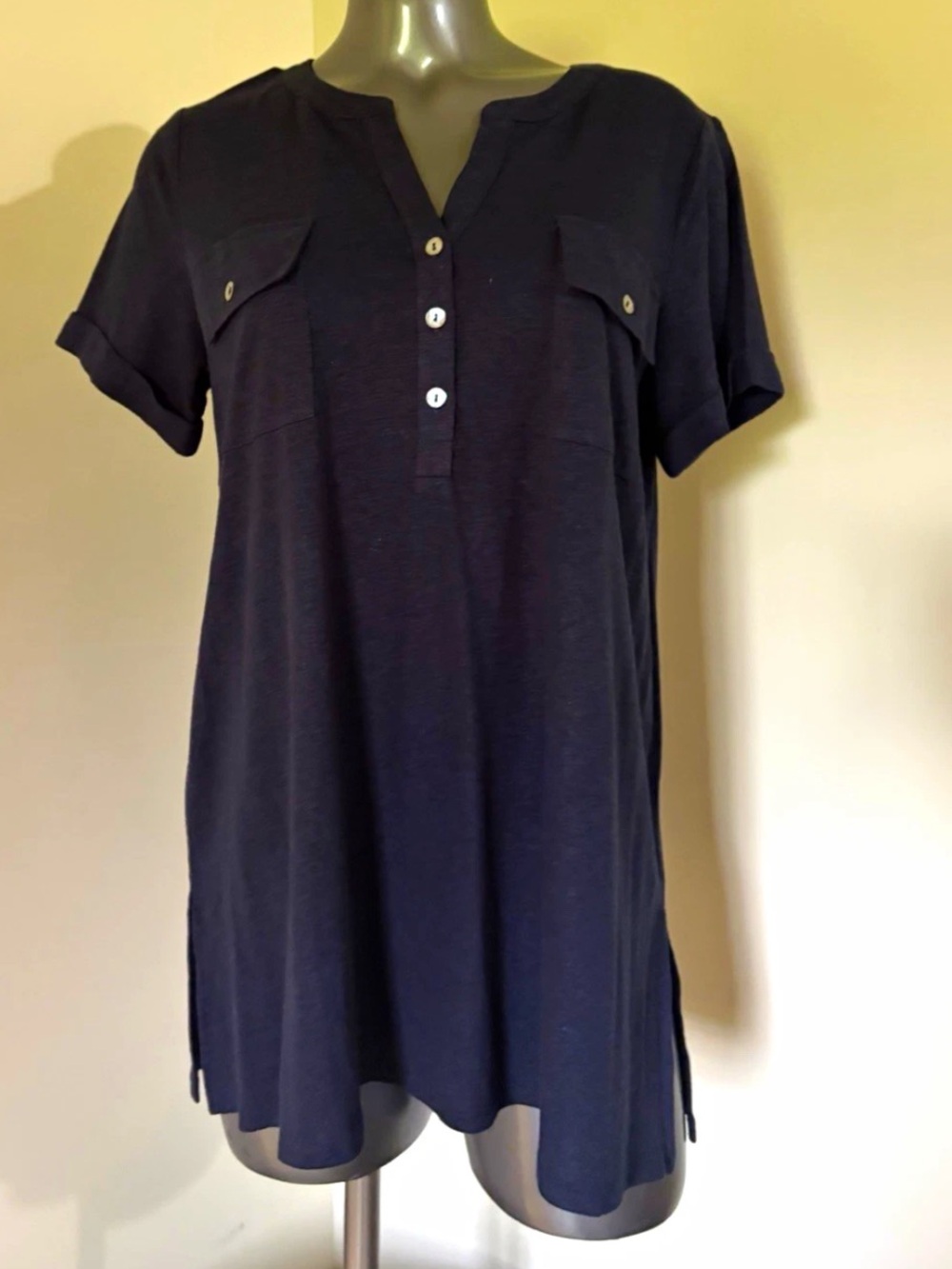 NWT J.Jill Navy Blue Cotton Knit Split Neck Button Pocket Tunic Top Women’s M